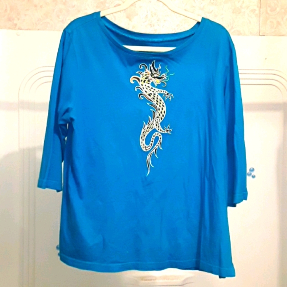 Embroidered Dragon Top, Blue Large